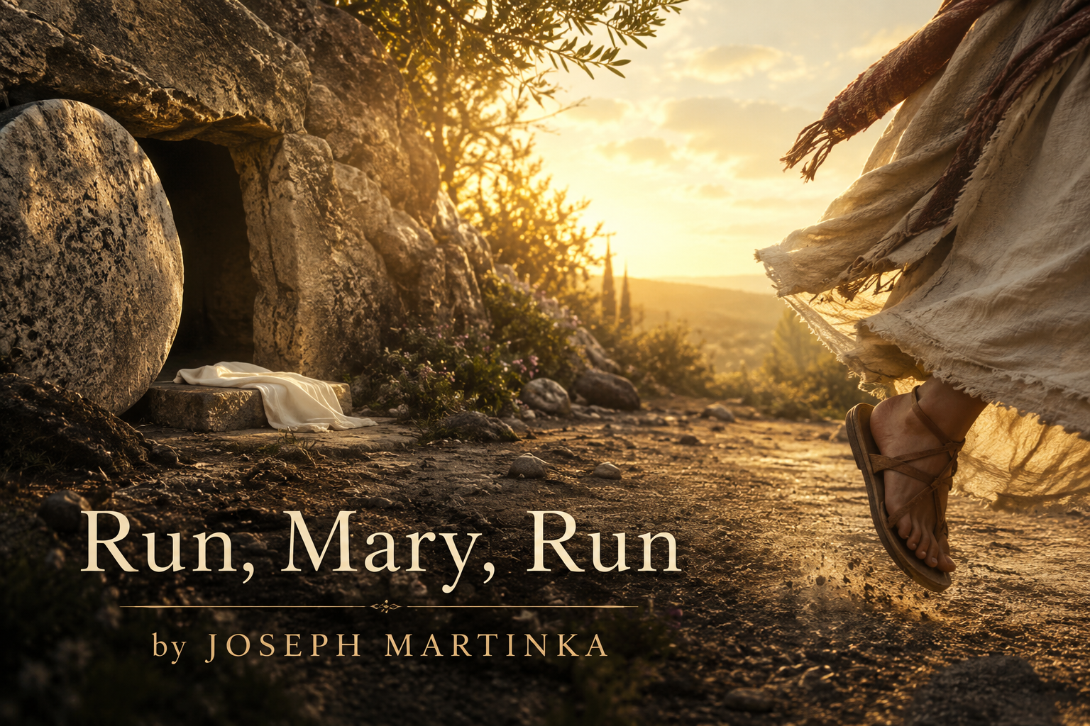 Run, Mary, Run by Joseph Martinka, showing the empty tomb at sunrise as Mary runs to share the news of the Resurrection.